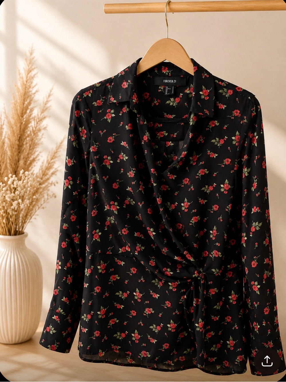 Forever 21 Floral Wrap Blouse Size S | Black Rose Print Top